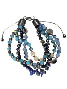 HAND-CRAFTED Adjustable Blue & Gunmetal  Multi-Stranded Beaded Bracelet